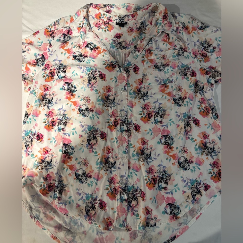 Torrid Colorful Floral Skull Button Down Shirt